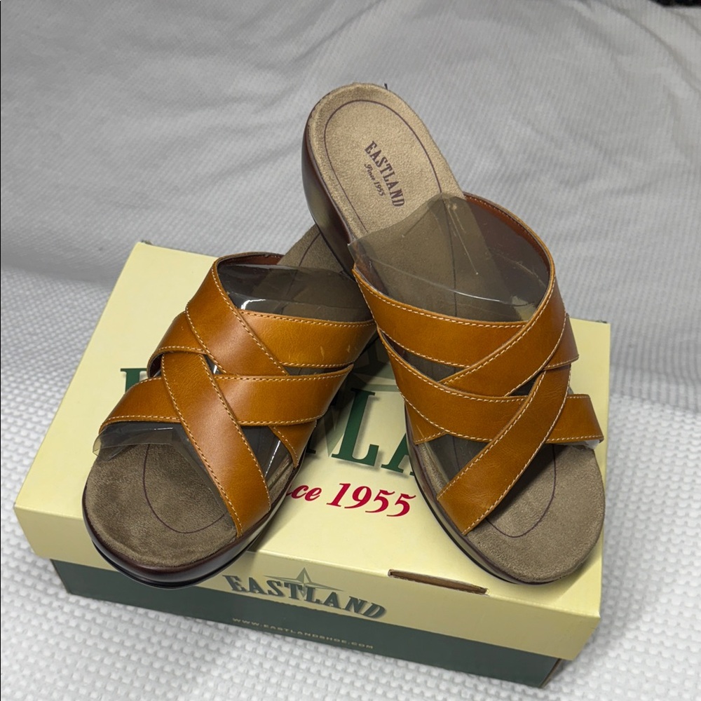 Eastland Tan Leather Cross Strap Slides